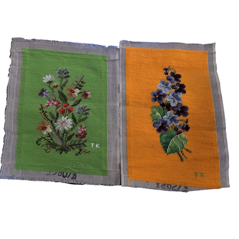 Green (14 1/2 X 11 1/2) & Orange (15 1/2 X 11) Flower Tapestry, Mid 20th century